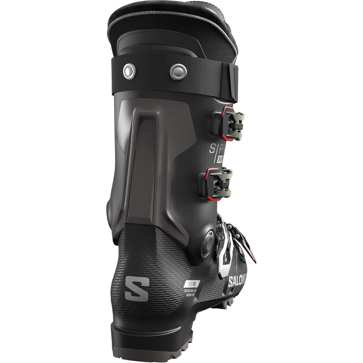 Salomon Men's S/PRO SUPRA 90 GW Ski Boots 2025 - Black ski boots with silver buckles and a textured pattern on the side.