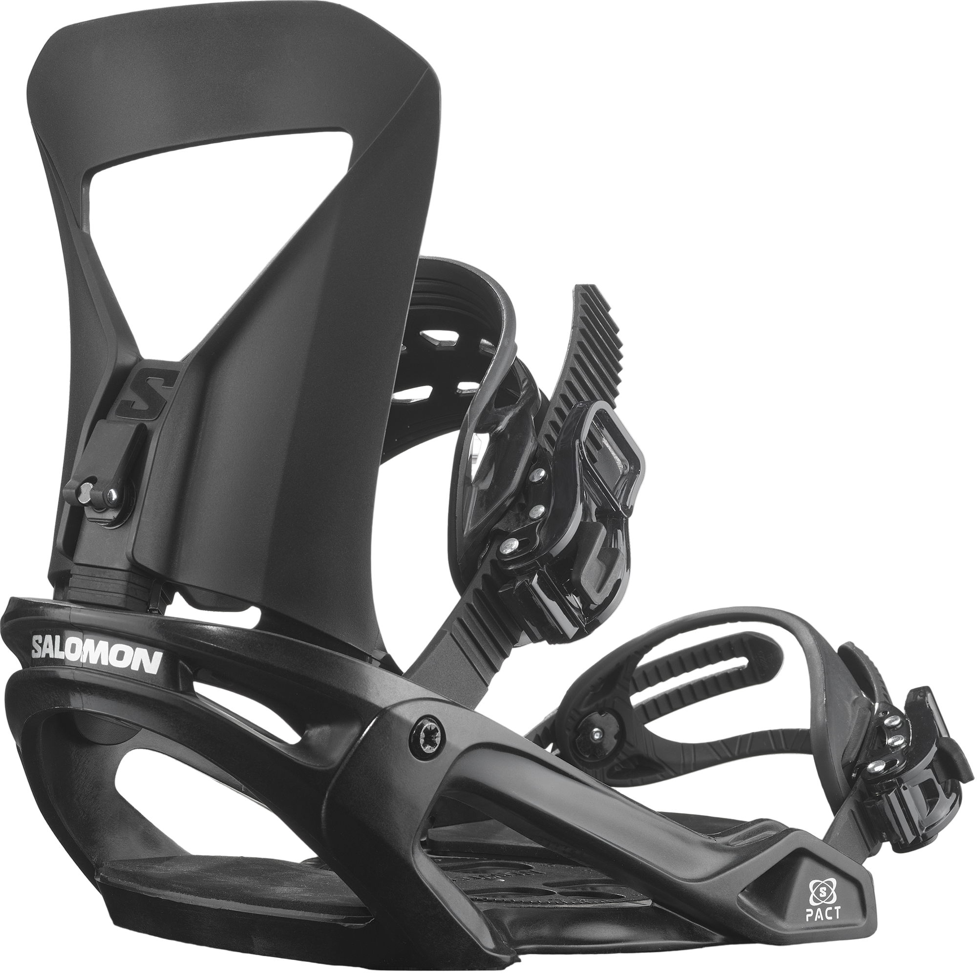 Salomon Pact Snowboard Bindings - Black bindings with white lettering on straps and buckles.