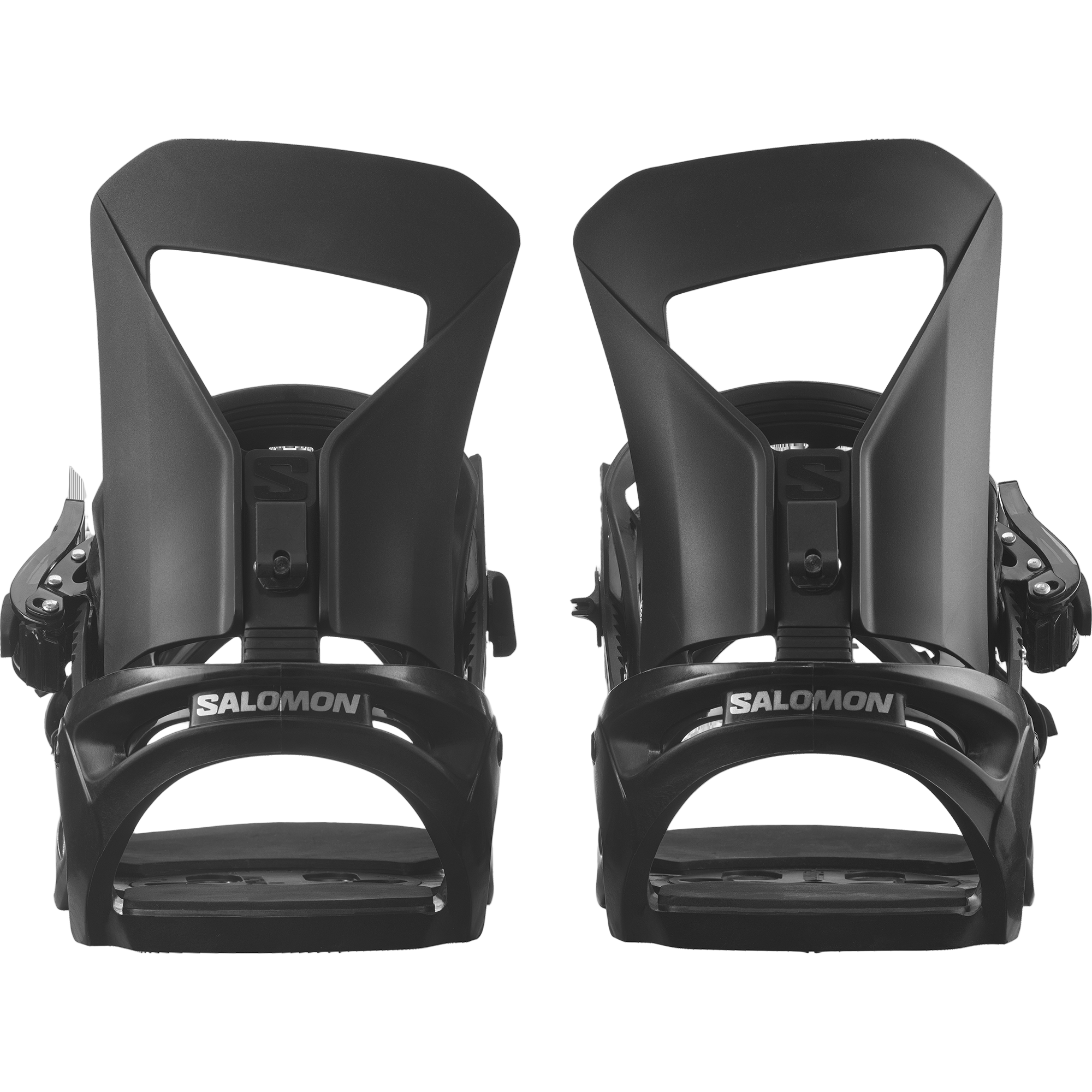 Salomon Pact Snowboard Bindings - Black bindings with silver buckles on a white background.