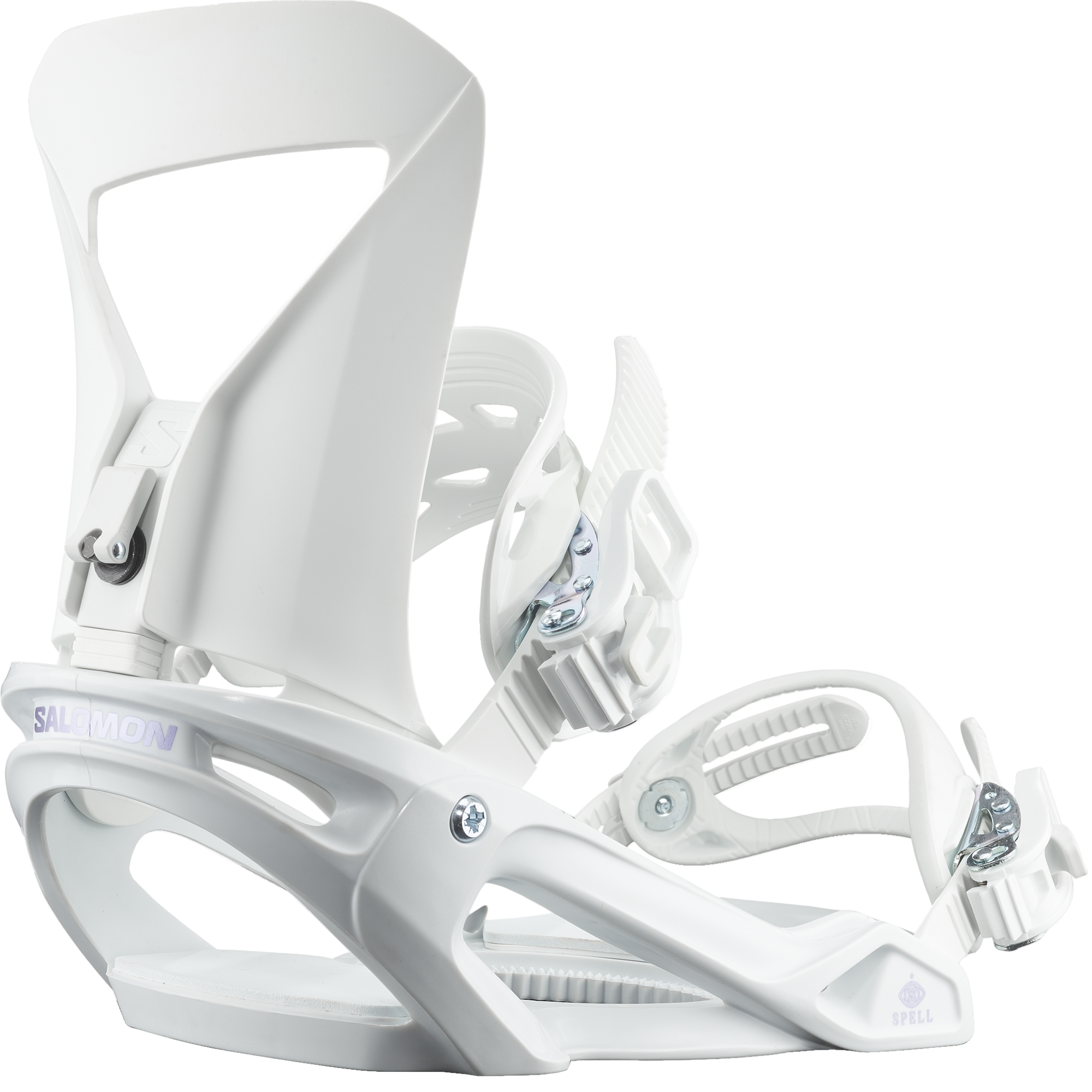 Salomon Women's Spell Snowboard Bindings - White bindings with silver buckles and straps.
