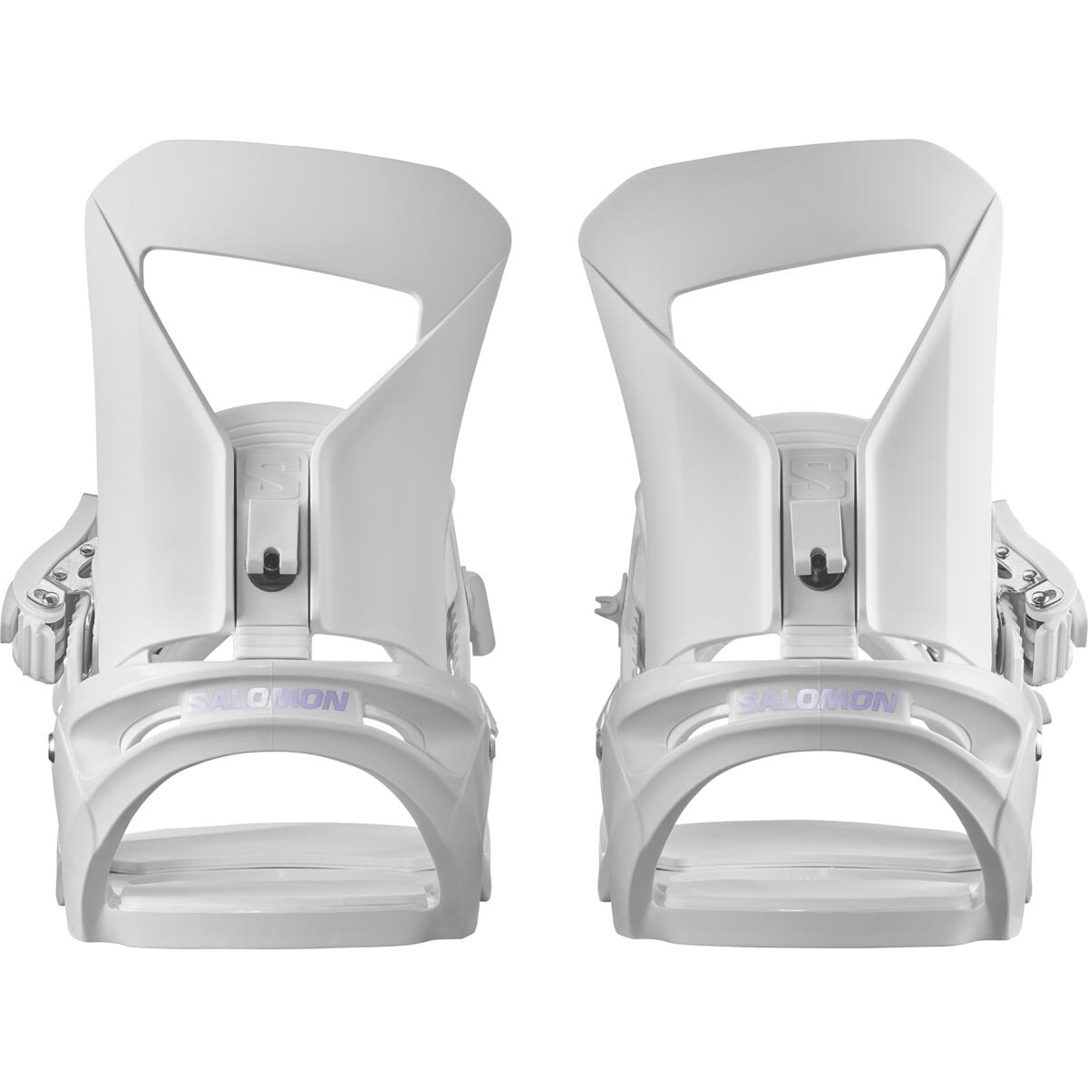 Salomon Women's Spell Binding - A pair of white snowboard bindings with a sleek, modern design and silver hardware.