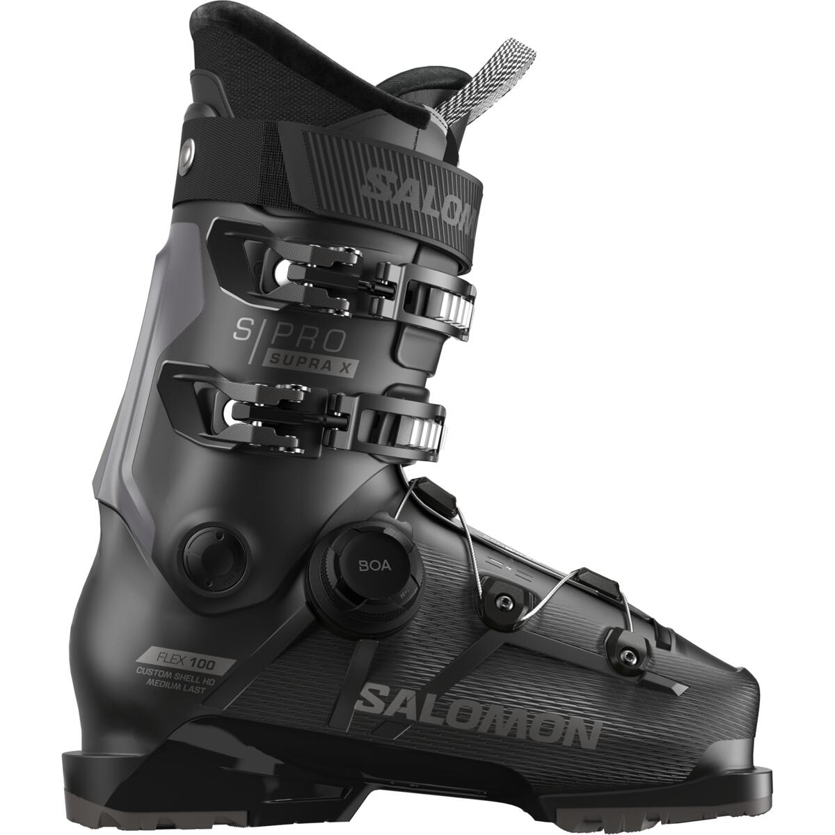 Salomon Men's S/PRO SUPRA BOA X100 Ski Boots 2025 - Black ski boots with silver buckles and a textured pattern on the side.