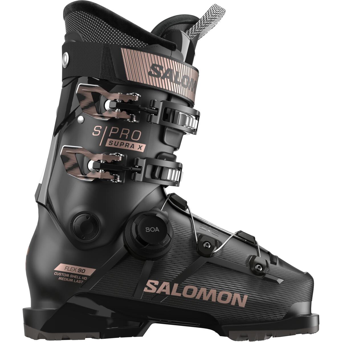Salomon Women's S/PRO SUPRA BOA X90 Ski Boots 2025 - Black ski boot with silver buckles and a textured pattern on the side.