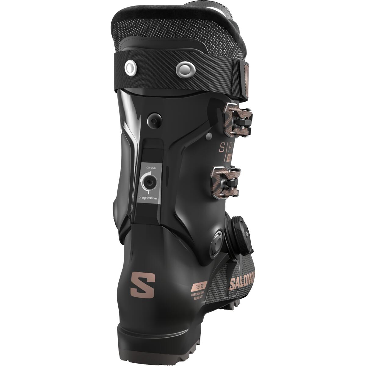 Salomon Women's S/PRO SUPRA BOA X90 Ski Boots 2025 - Black ski boots with silver buckles and a textured toe cap.