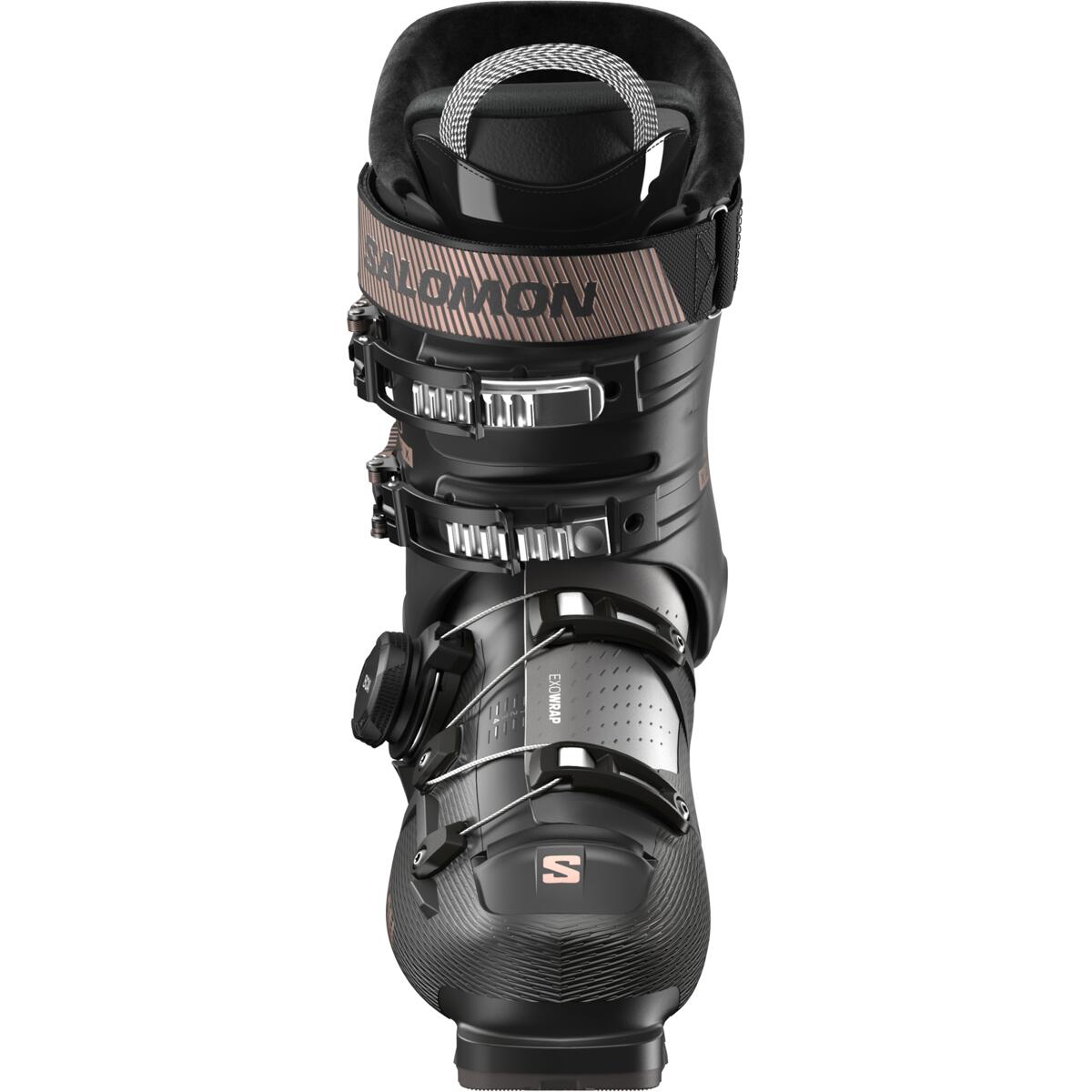 Salomon Women's S/PRO SUPRA BOA X90 Ski Boots 2025 - Black ski boots with silver buckles and a textured black toe cap.