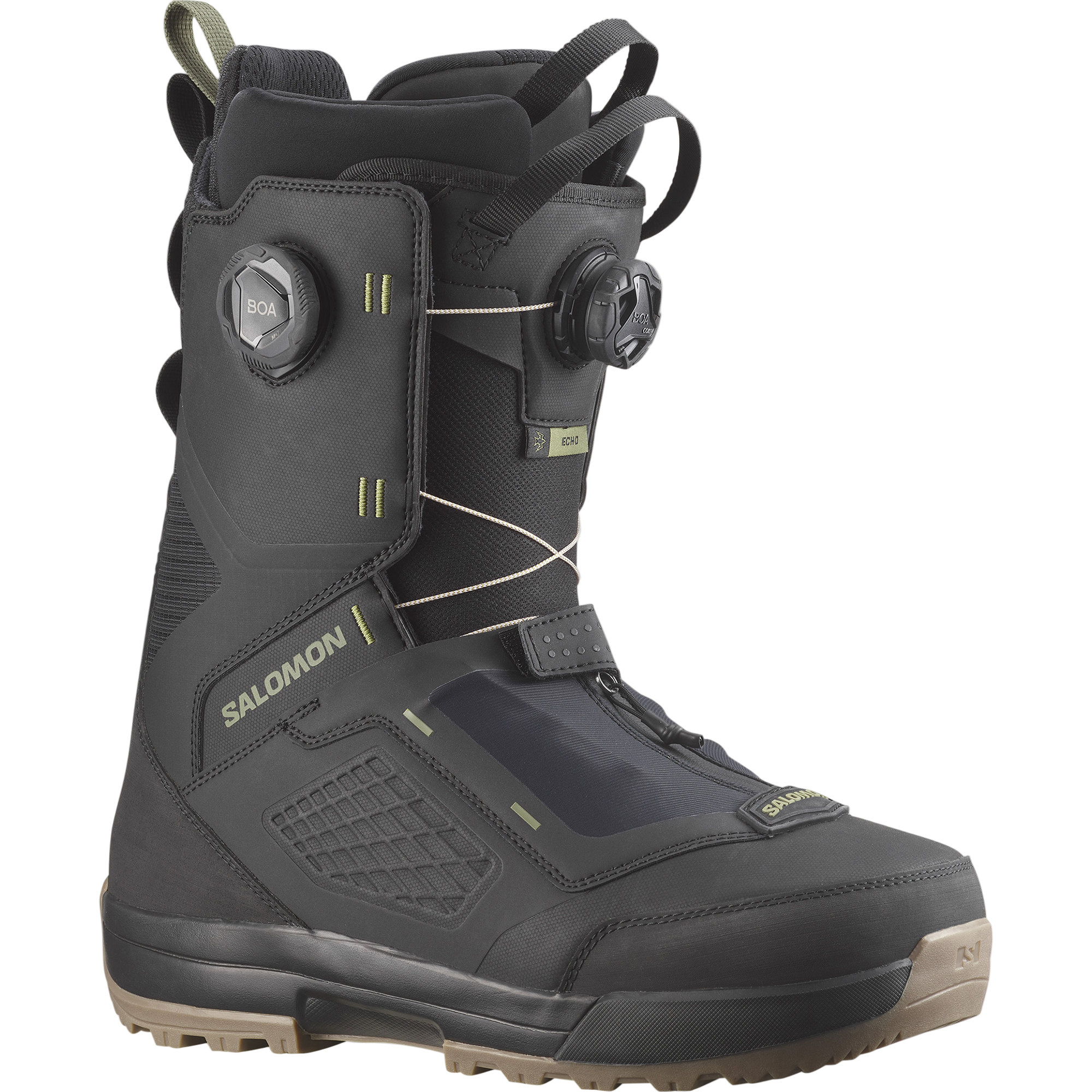 Salomon Echo Dual BOA Snowboard Boot - Black snowboard boots with a textured pattern on the toe and heel areas, featuring two black BOA dials on each boot.
