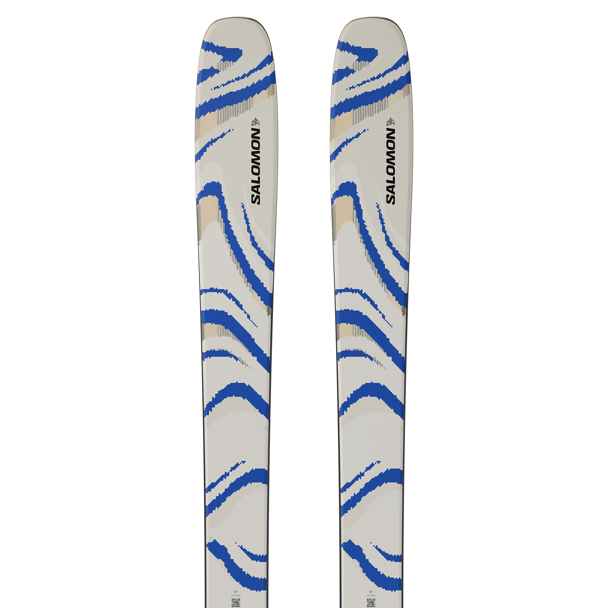 Salomon QST 106 Skis 2026 - White skis with blue and gray abstract design on top, tan stripe at tip.