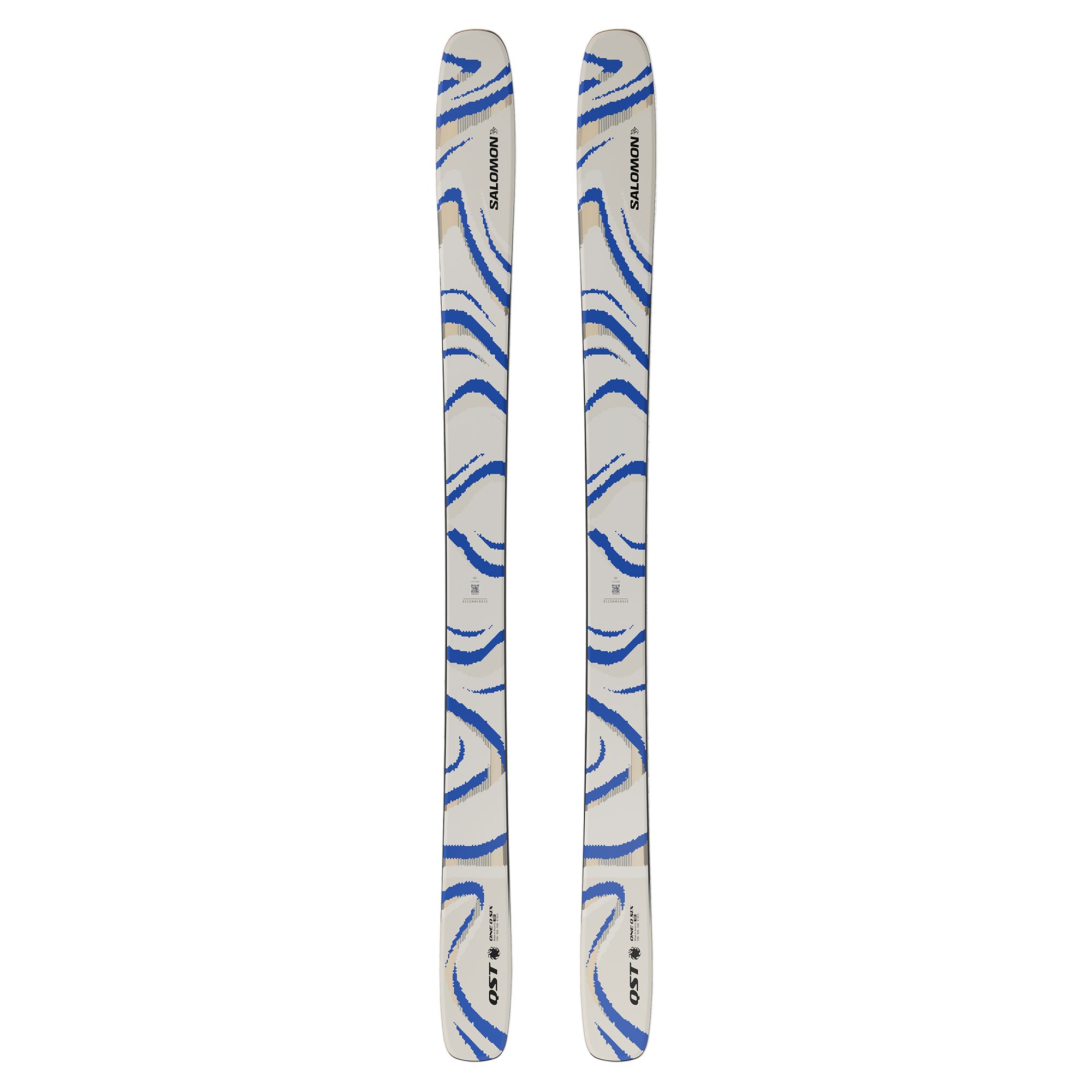 Salomon QST 106 Skis 2026 - White skis with blue and tan abstract brush stroke pattern.
