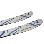 Salomon QST 106 Skis 2026 - A pair of skis with a white base and blue accents, featuring a distinctive pattern on the top surface.