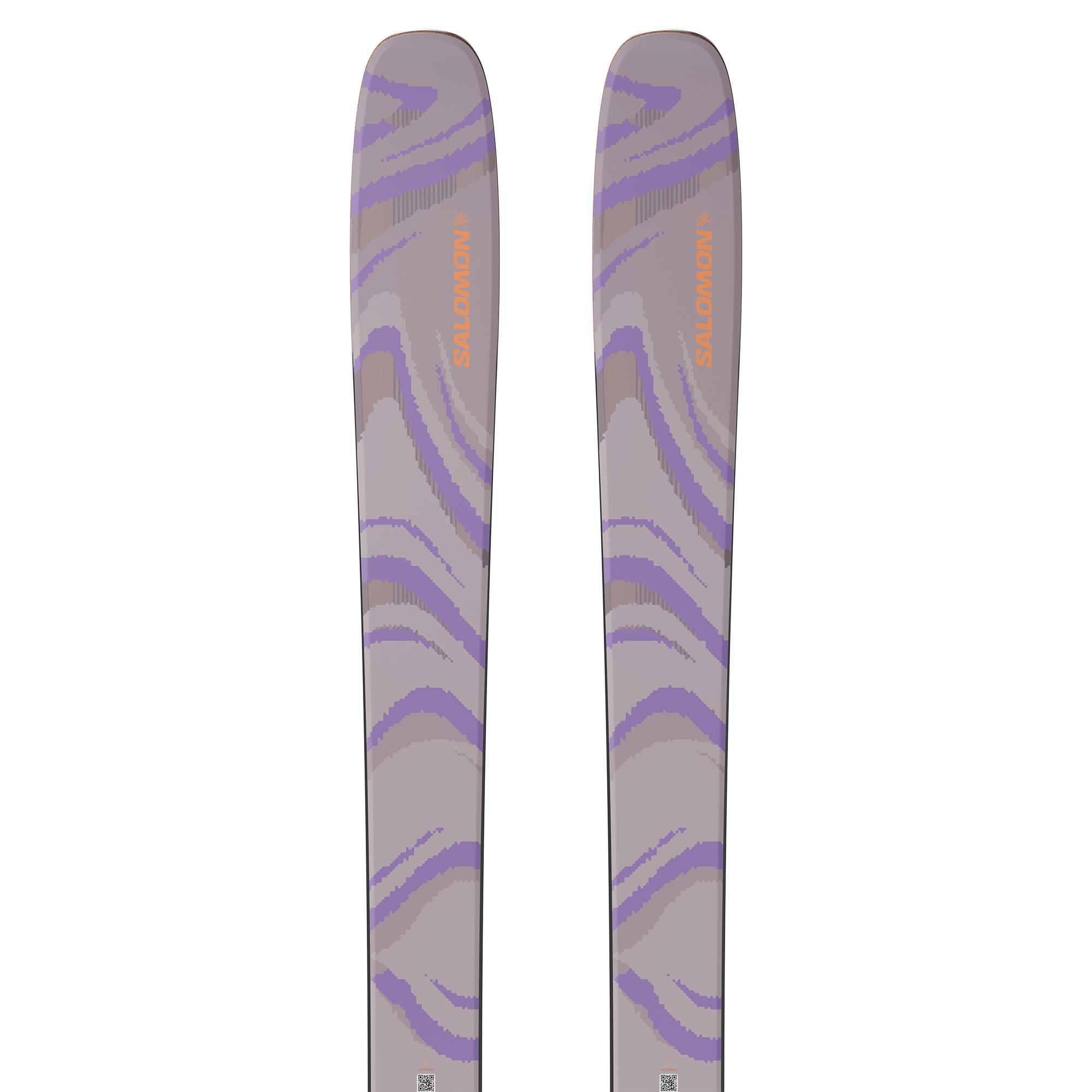 Salomon QST 106 Skis 2026 - A pair of skis with a gray base and purple accents, featuring a distinctive wavy pattern on the top surface.