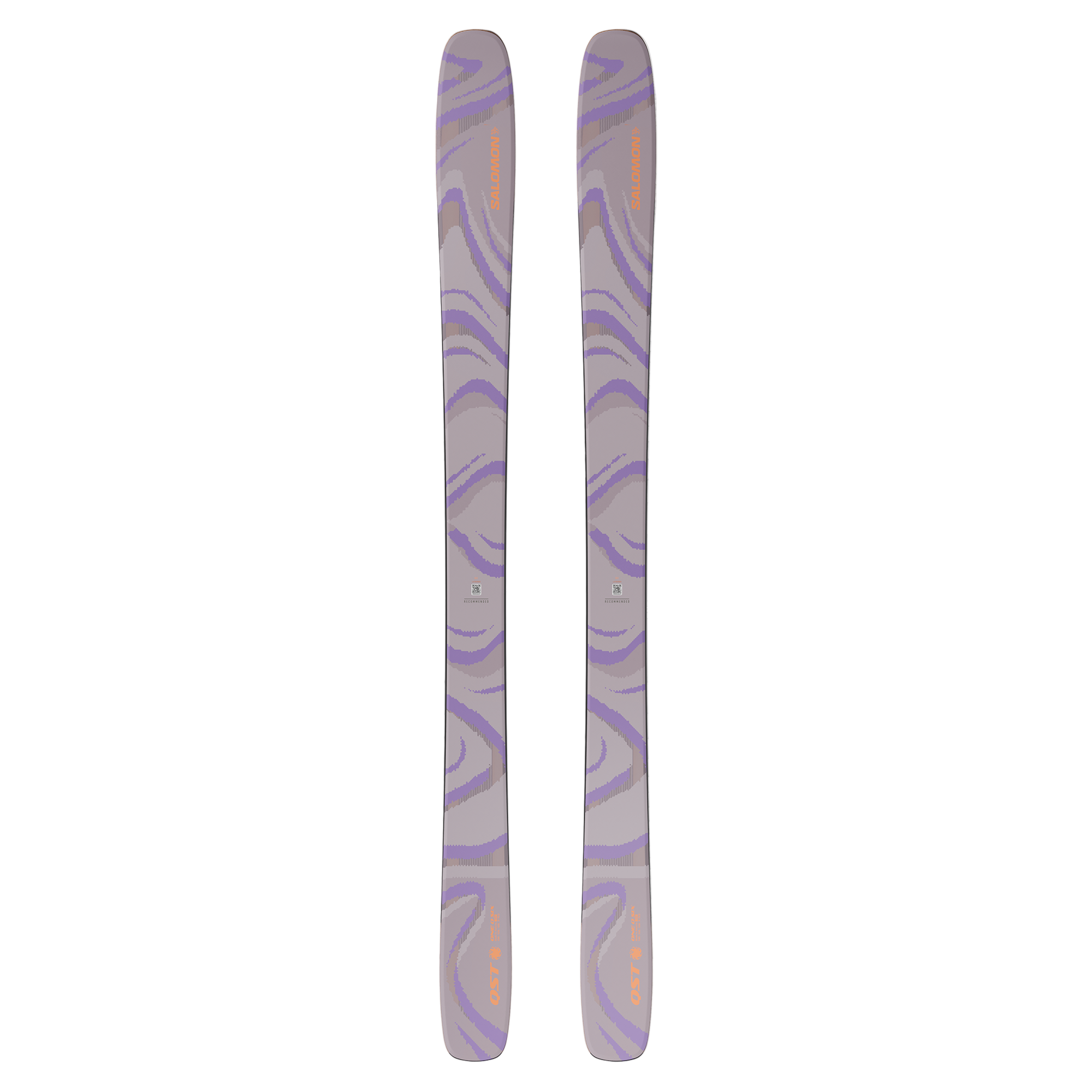 Salomon QST 106 Skis 2026 - A pair of skis with a gray base and purple swirl pattern on top.