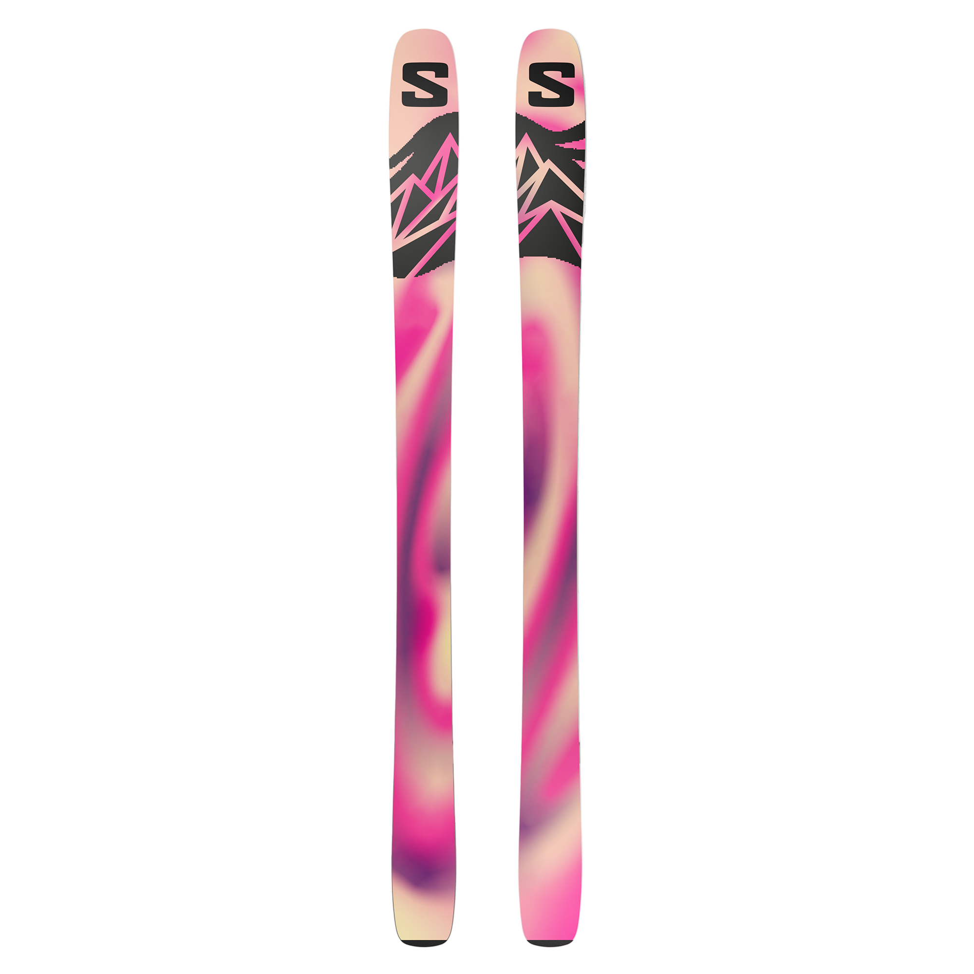 Salomon QST 106 Skis 2026 - A pair of skis with a black and white color scheme, featuring a distinctive logo on the top.