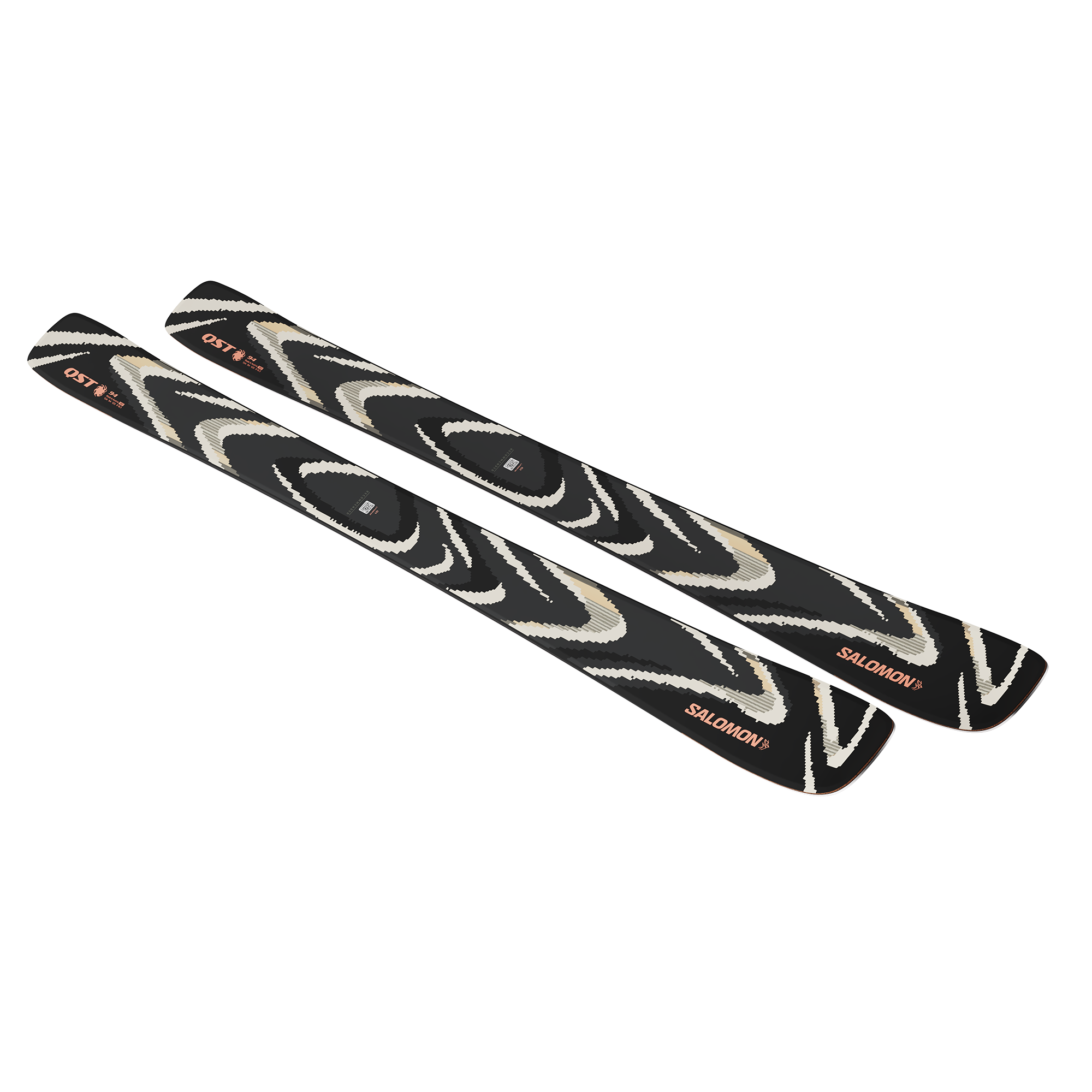 Salomon QST 94 Skis 2026 - Black skis with white and tan swirl pattern on top, angled from tip to tail.