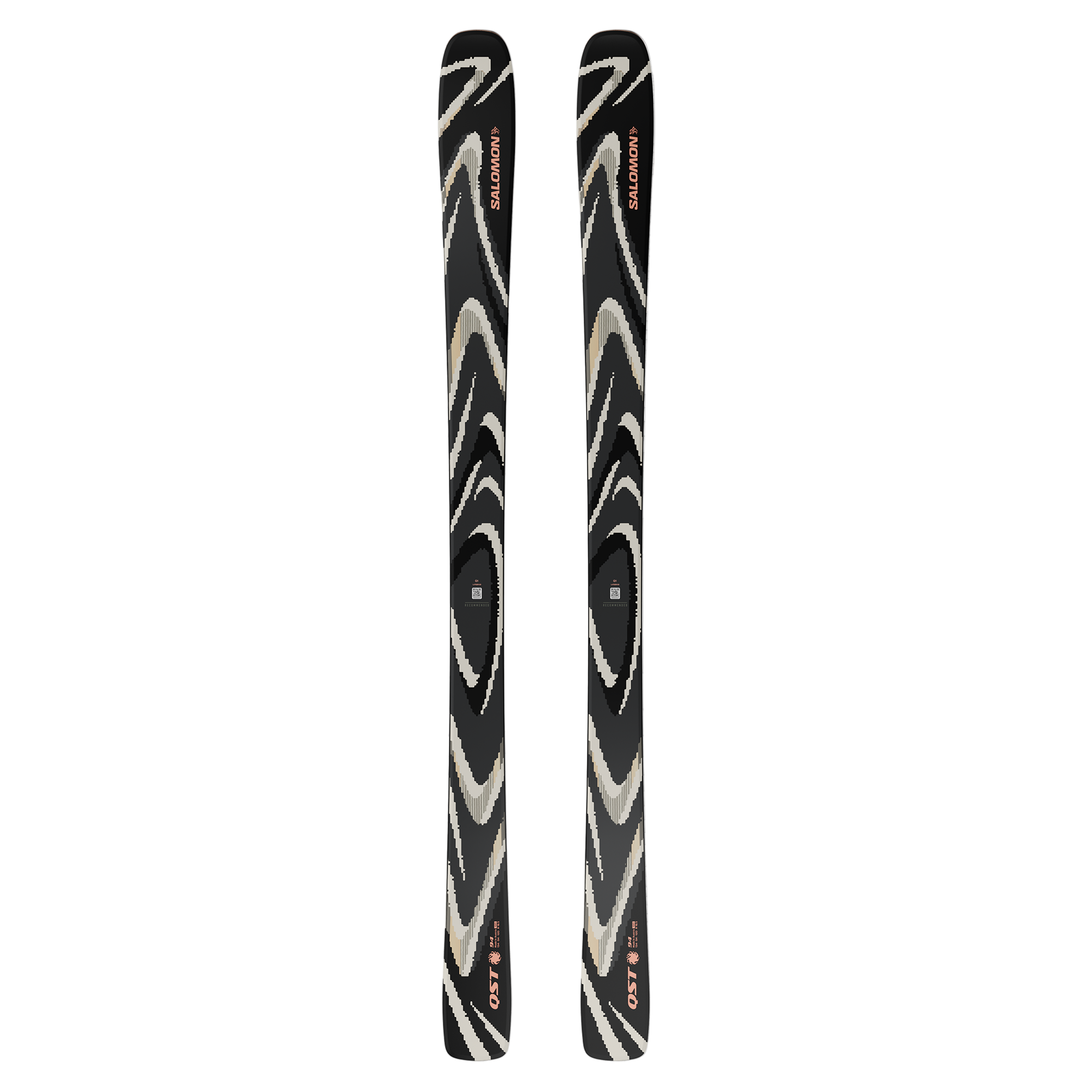 Salomon QST 94 Skis 2026 - Black skis with white and gray swirl pattern on top, black bases.