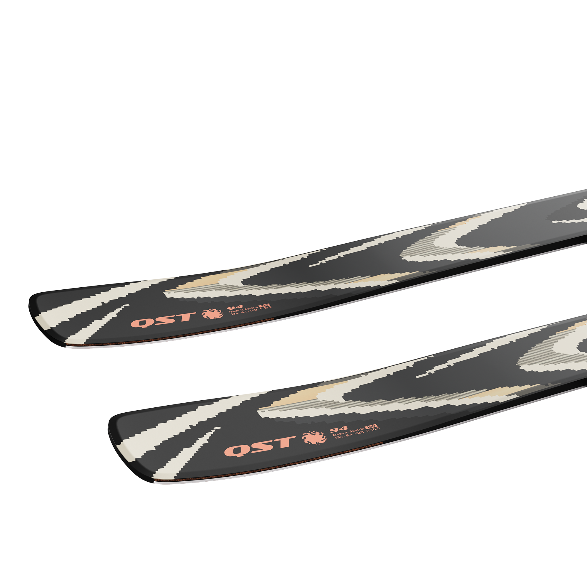Salomon QST 94 Skis - Black skis with white and yellow accents, featuring a distinctive pattern of diagonal stripes on top.