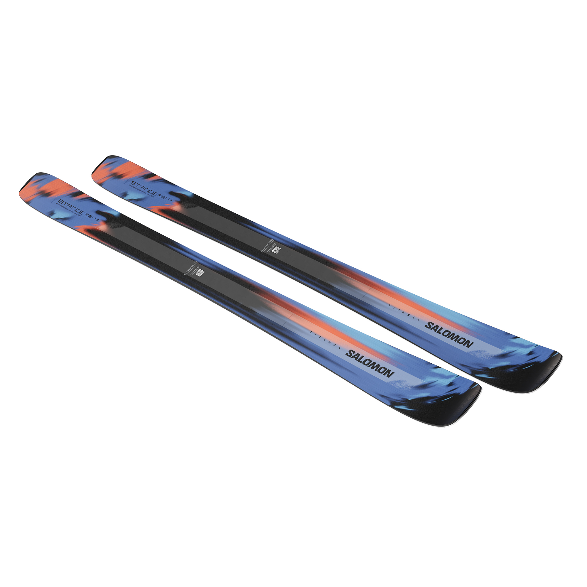 Salomon Stance Pro 90 Skis 2026 - A pair of skis with a blue and orange graphic design, featuring black accents on the tips and tails.