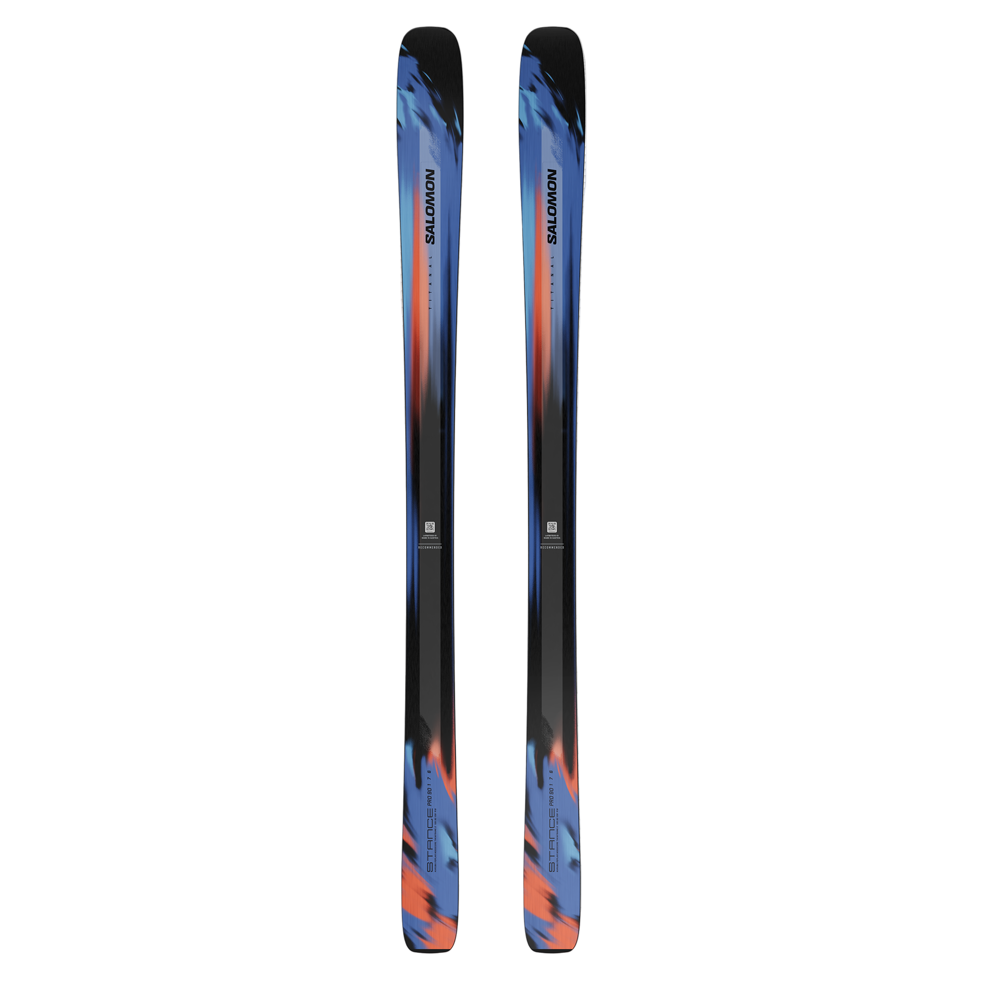 Salomon Stance Pro 90 Skis 2026 - A pair of skis with a blue and orange graphic design on a white background.