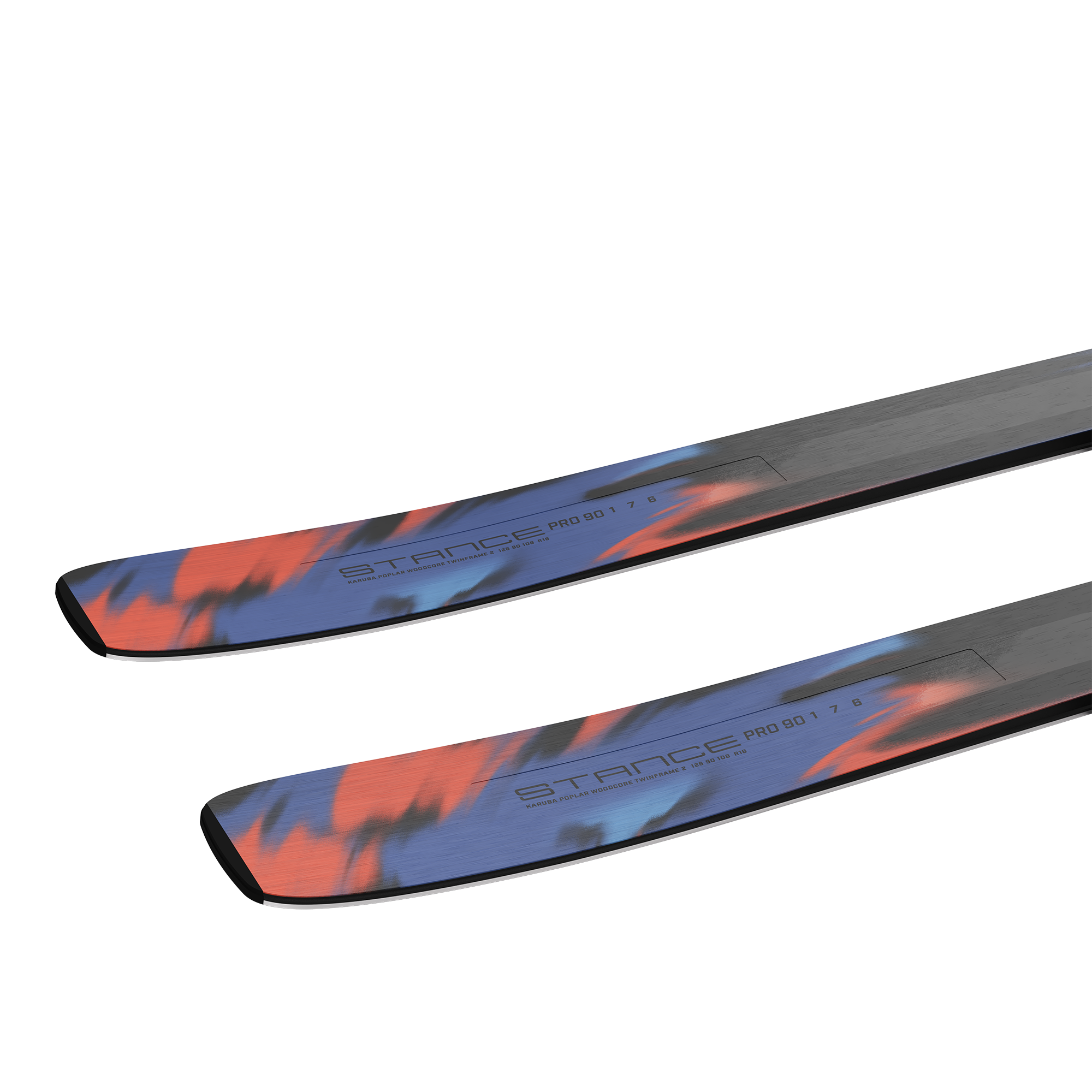 Salomon Stance Pro 90 Skis 2026 - A pair of skis with a blue and red graphic design on the top sheet, featuring black lettering that reads "Stance" in large letters and "Pro 90" in smaller text.