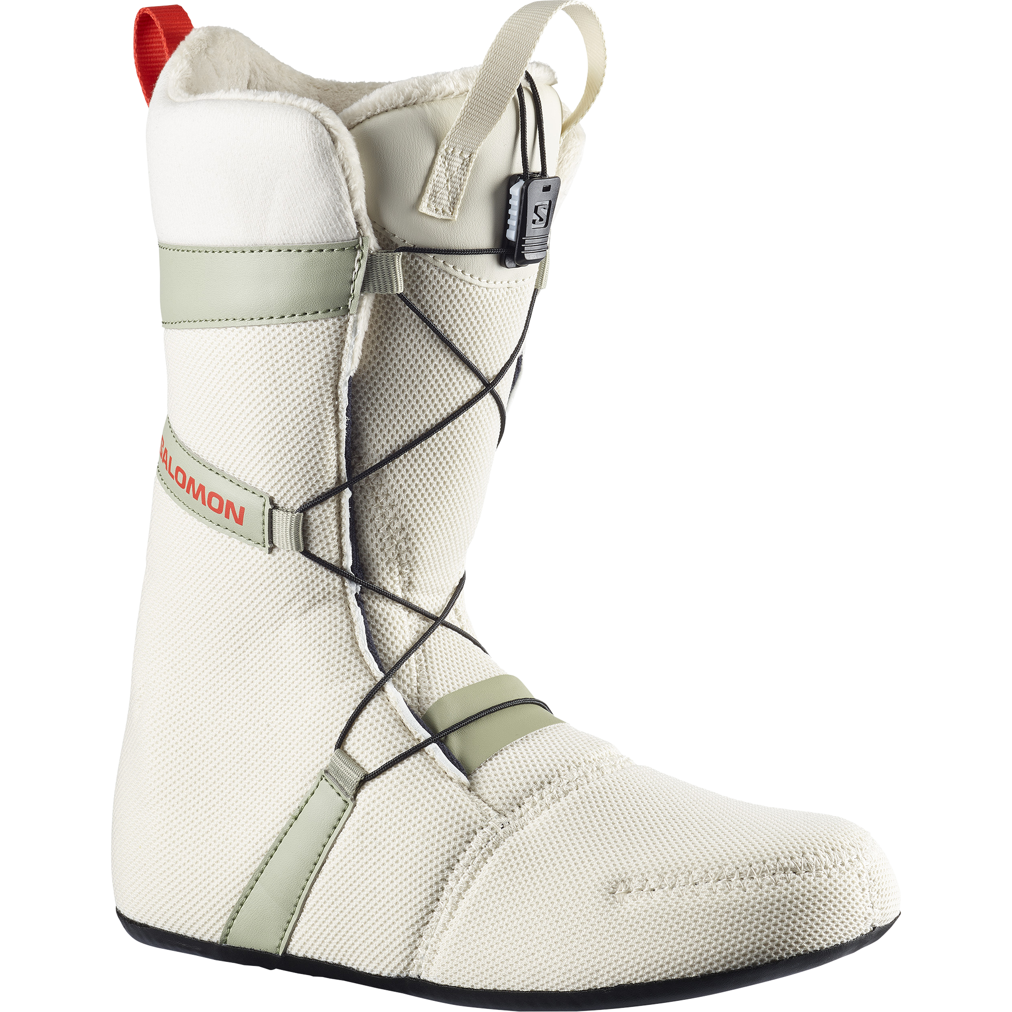 Salomon Women's Ivy BOA Straight Jacket Snowboard Boot - A white snowboard boot with a red pull tab on the back and black laces.