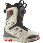 Salomon Launch SJ BOA Snowboard Boots - A pair of snowboard boots with a black and white color scheme, featuring red accents on the laces and logos.