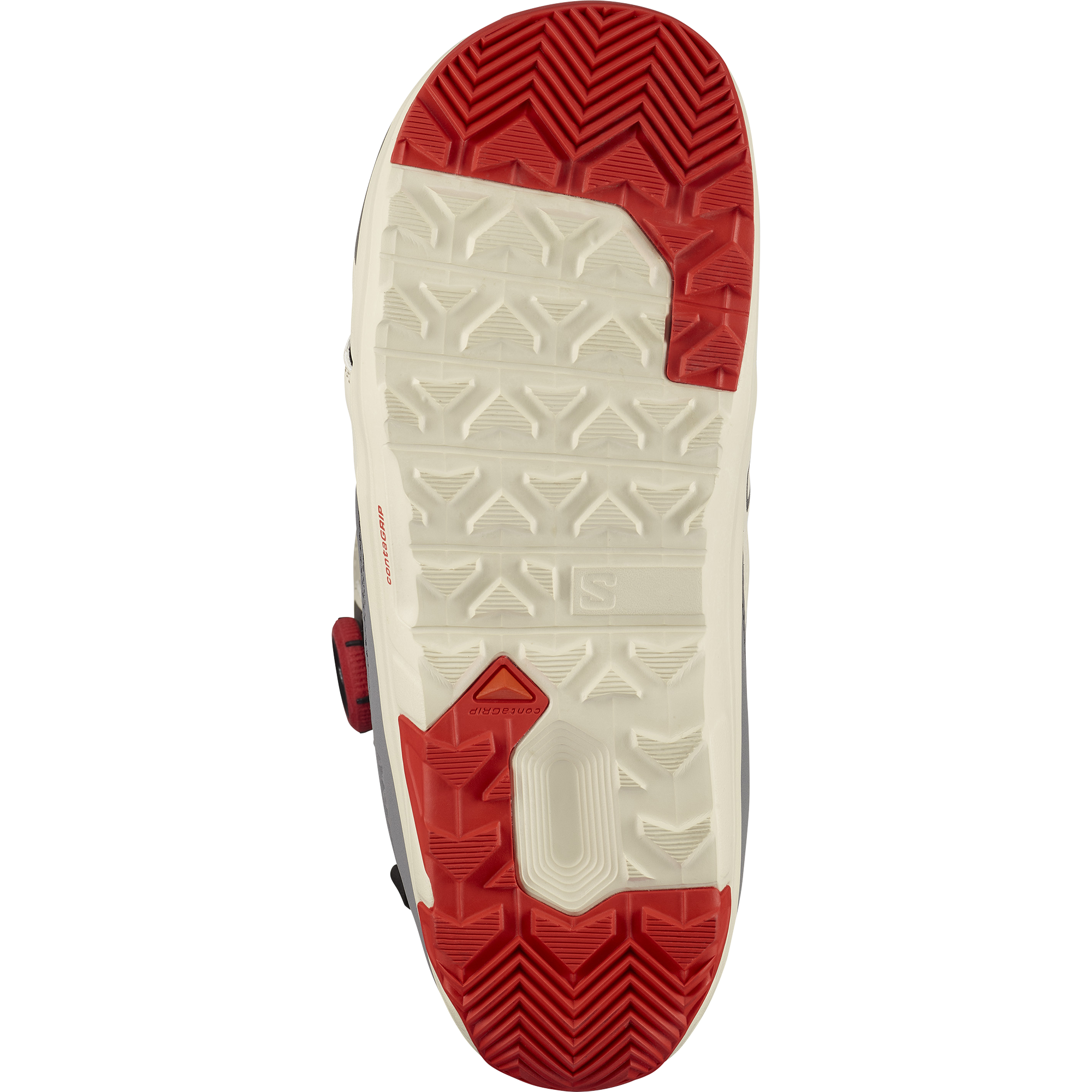 Salomon Launch SJ BOA Snowboard Boots 2026 - A pair of snowboard boots with a predominantly black upper and red accents on the tongue, heel, and sole.