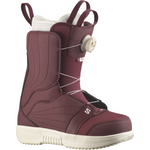 Salomon Women's Pearl BOA Snowboard Boots - A pair of snowboard boots with a maroon upper and white soles, featuring a distinctive BOA closure system on the side.