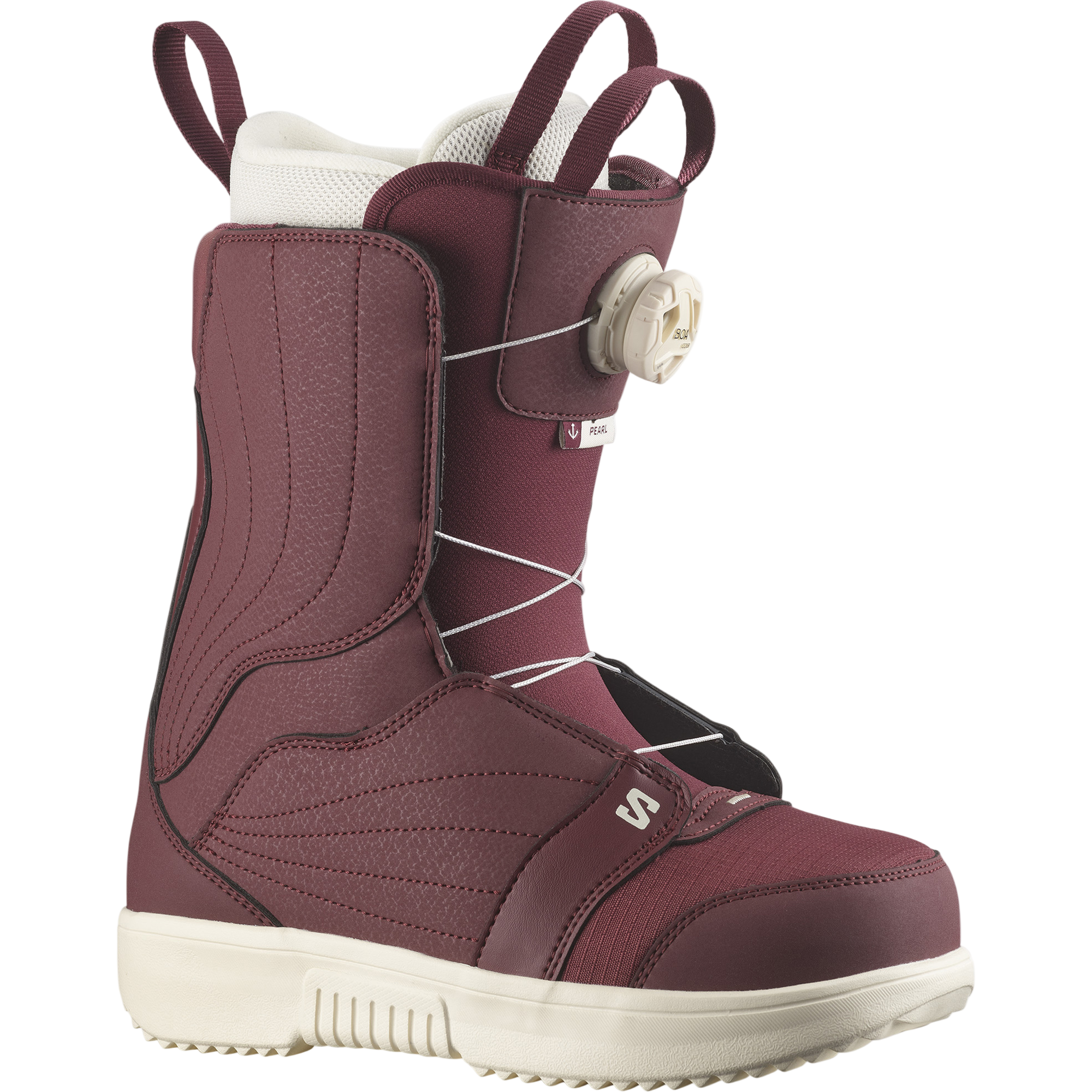 Salomon Women's Pearl BOA Snowboard Boots - A pair of snowboard boots with a maroon upper and white soles, featuring a distinctive BOA closure system on the side.
