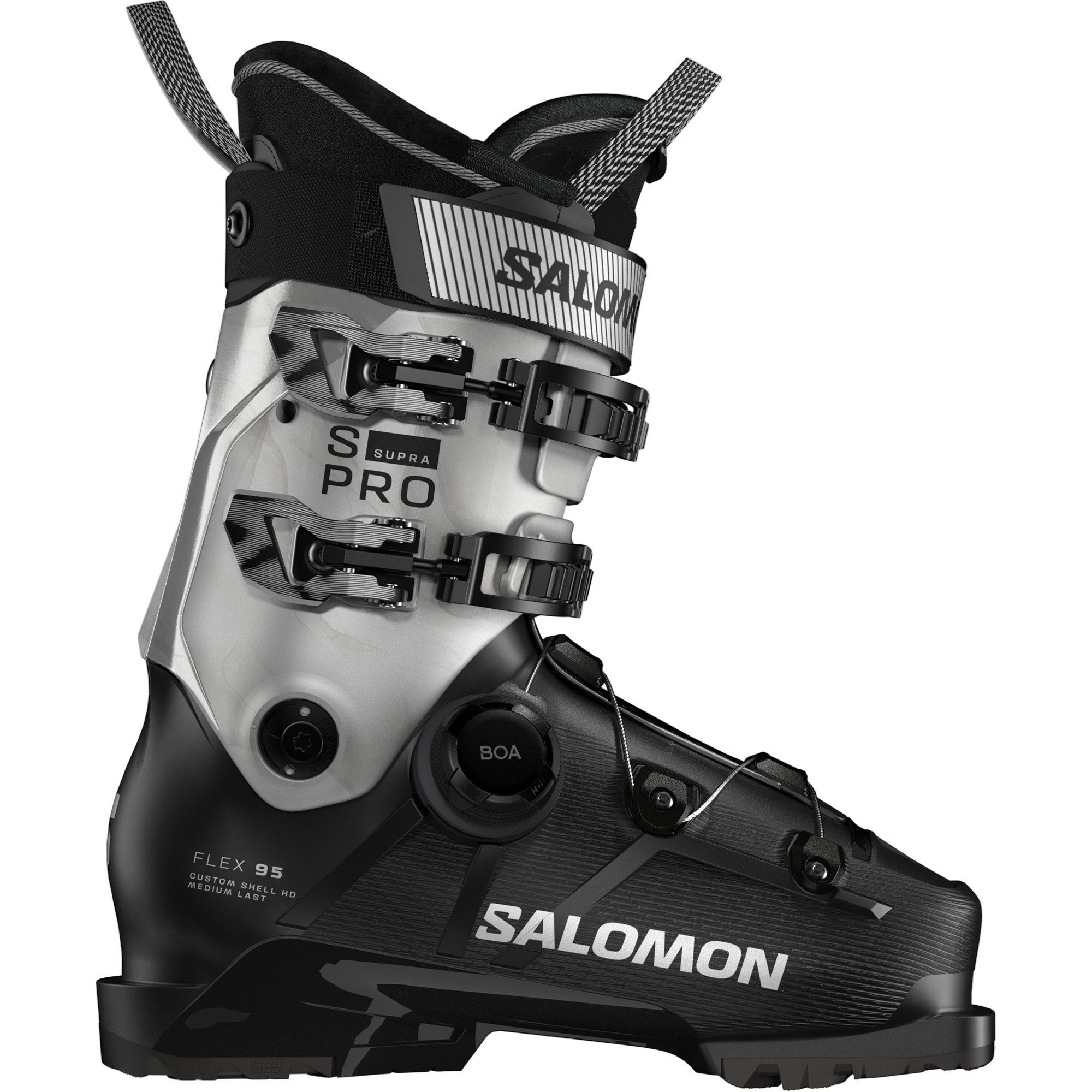 Salomon Women's S/Pro Supra 95 BOA Ski Boots - A black and white ski boot with a textured pattern on the side, featuring a BOA closure system.