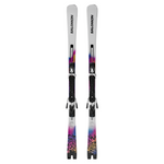Salomon Addikt Pro 66 Skis with M12 Bindings - White skis with black bindings and a rainbow-colored design on the tips.