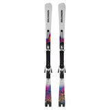 Salomon Addikt Pro 66 Skis with M12 Bindings - White skis with black bindings and a rainbow-colored design on the tips.