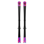 Salomon Addikt Pro 66 Skis with M12 Bindings - A pair of skis with a black base and blue and pink accents on the tips, featuring the Salomon logo in black.