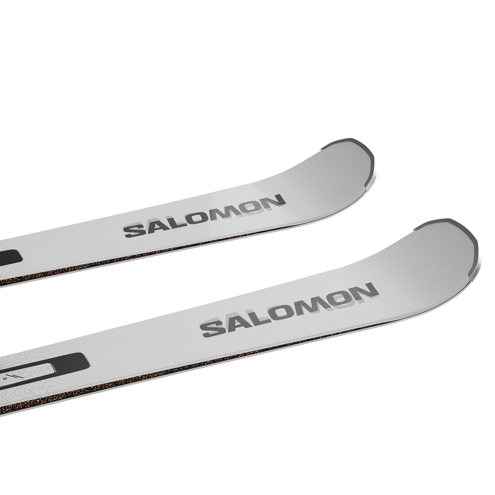 Salomon Addikt Pro 66 Skis with M12 Bindings - White skis with black bindings and a subtle patterned design on the top sheet.