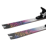 Salomon Addikt Pro 66 Skis with M12 Bindings - A pair of skis with a silver base and black bindings, featuring a wavy pattern in shades of pink, purple, orange, blue, and yellow.