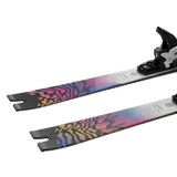 Salomon Addikt Pro 66 Skis with M12 Bindings - A pair of skis with a silver base and black bindings, featuring a wavy pattern in shades of pink, purple, orange, blue, and yellow.