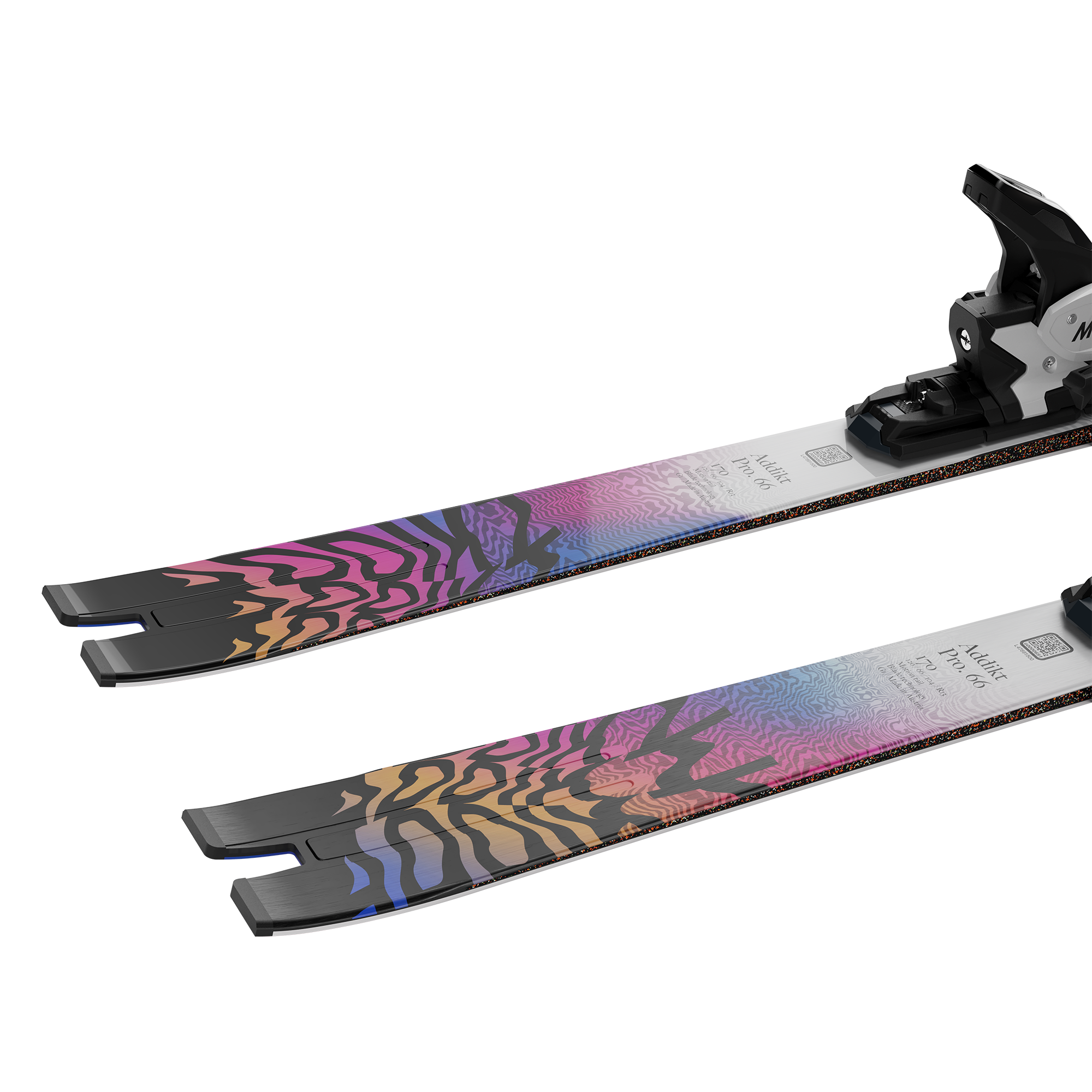 Salomon Addikt Pro 66 Skis with M12 Bindings - A pair of skis with a silver base and black bindings, featuring a wavy pattern in shades of pink, purple, orange, blue, and yellow.