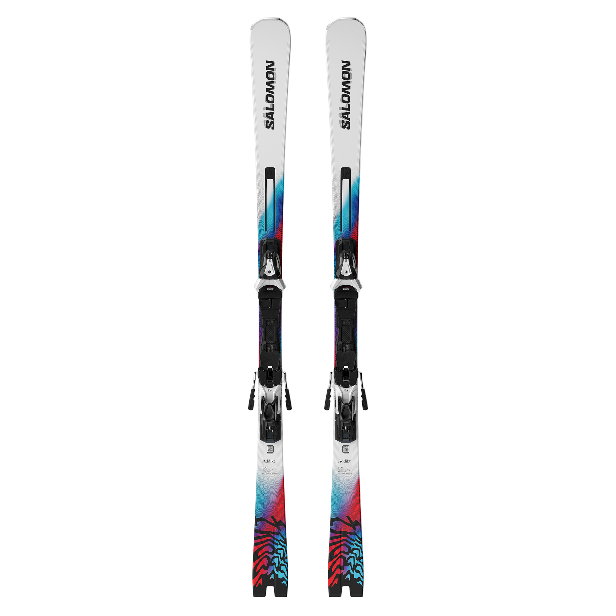 Salomon Addikt 72 Skis with M12 Bindings - White skis with blue and red accents, featuring a black binding system.