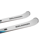 Salomon Addikt 72 Skis with M12 Bindings - White skis with black bindings and a blue stripe along the bottom edge.