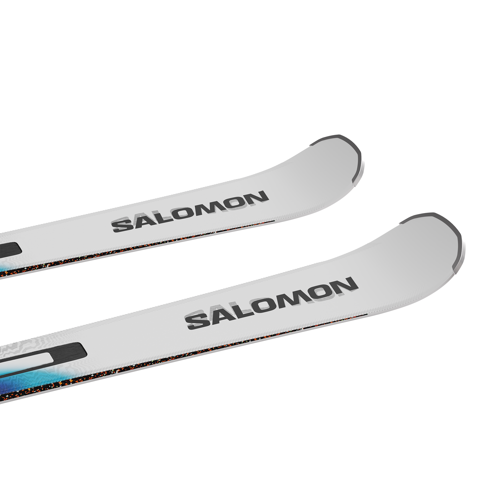 Salomon Addikt 72 Skis with M12 Bindings - White skis with black bindings and a blue stripe along the bottom edge.