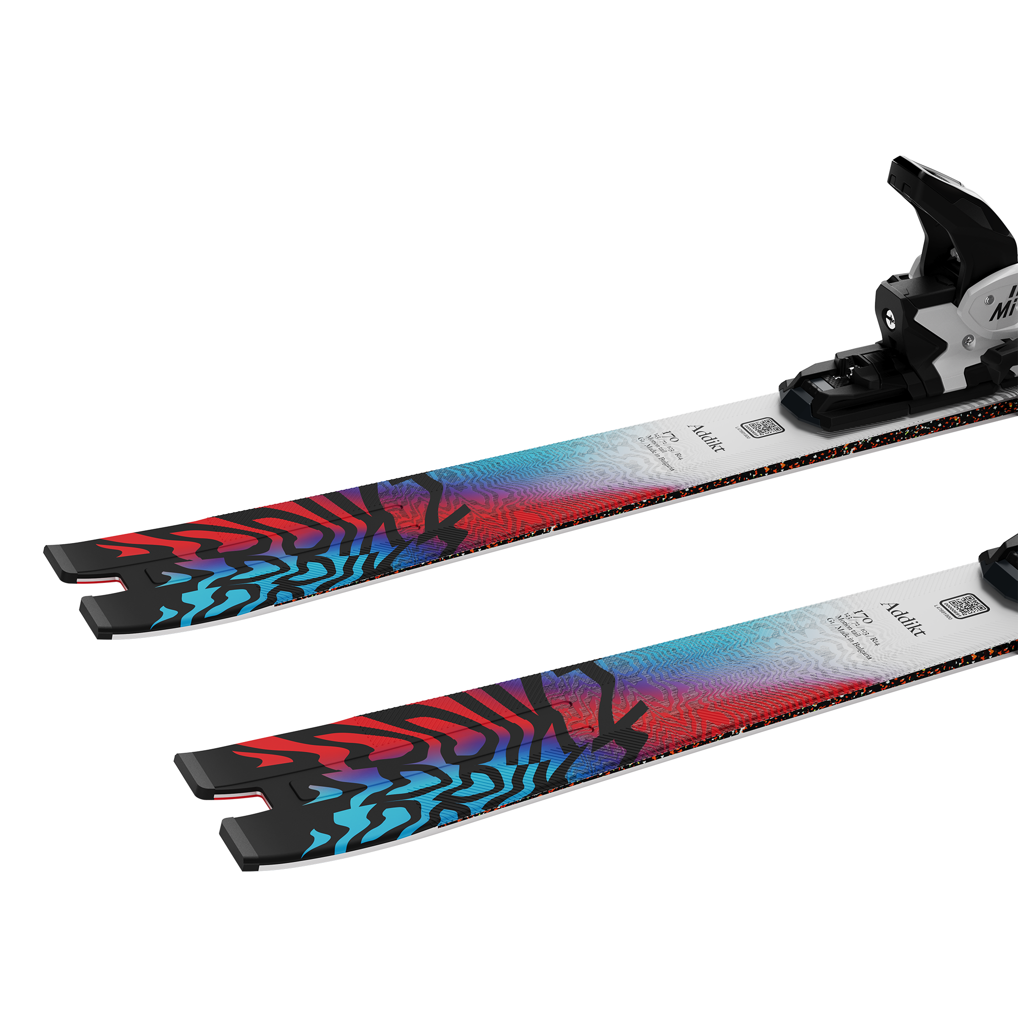 Salomon Addikt 72 Skis with M12 Bindings - White skis with black and red abstract pattern on top, black bindings.