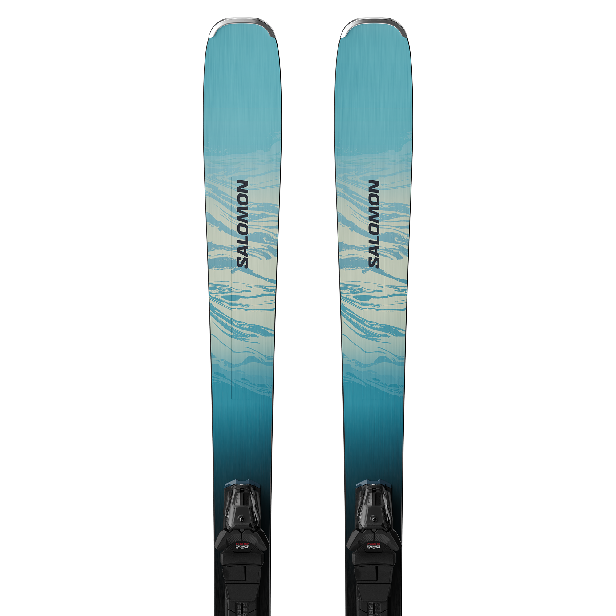 Salomon Women's Stance 80 Skis with M10 Bindings - A pair of skis with a blue and white marbled pattern on the top, featuring black bindings at the bottom.