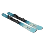 Salomon Women's Stance 80 Skis with M10 Bindings - A pair of skis with a blue and white marbled pattern on the top, featuring black bindings.