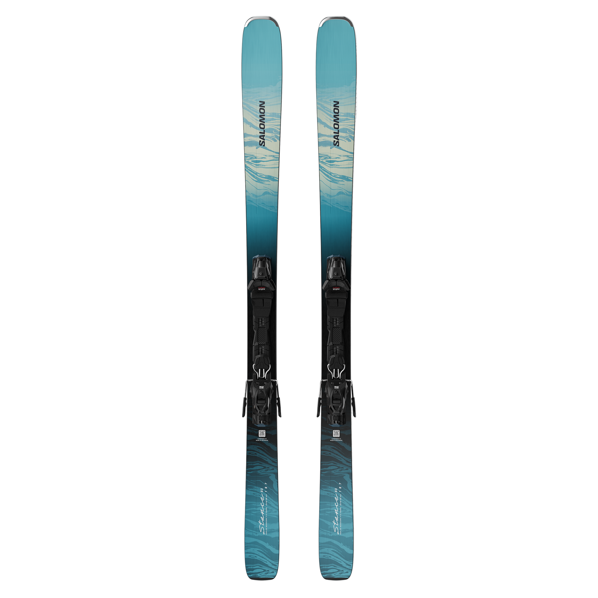 Salomon Women's Stance 80 Skis with M10 Bindings - A pair of skis with a blue and white patterned top sheet, featuring black bindings.