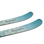 Salomon Women's Stance 80 Skis with M10 Bindings - A pair of skis with a light blue and white marbled pattern on the top, featuring silver bindings at the tips.