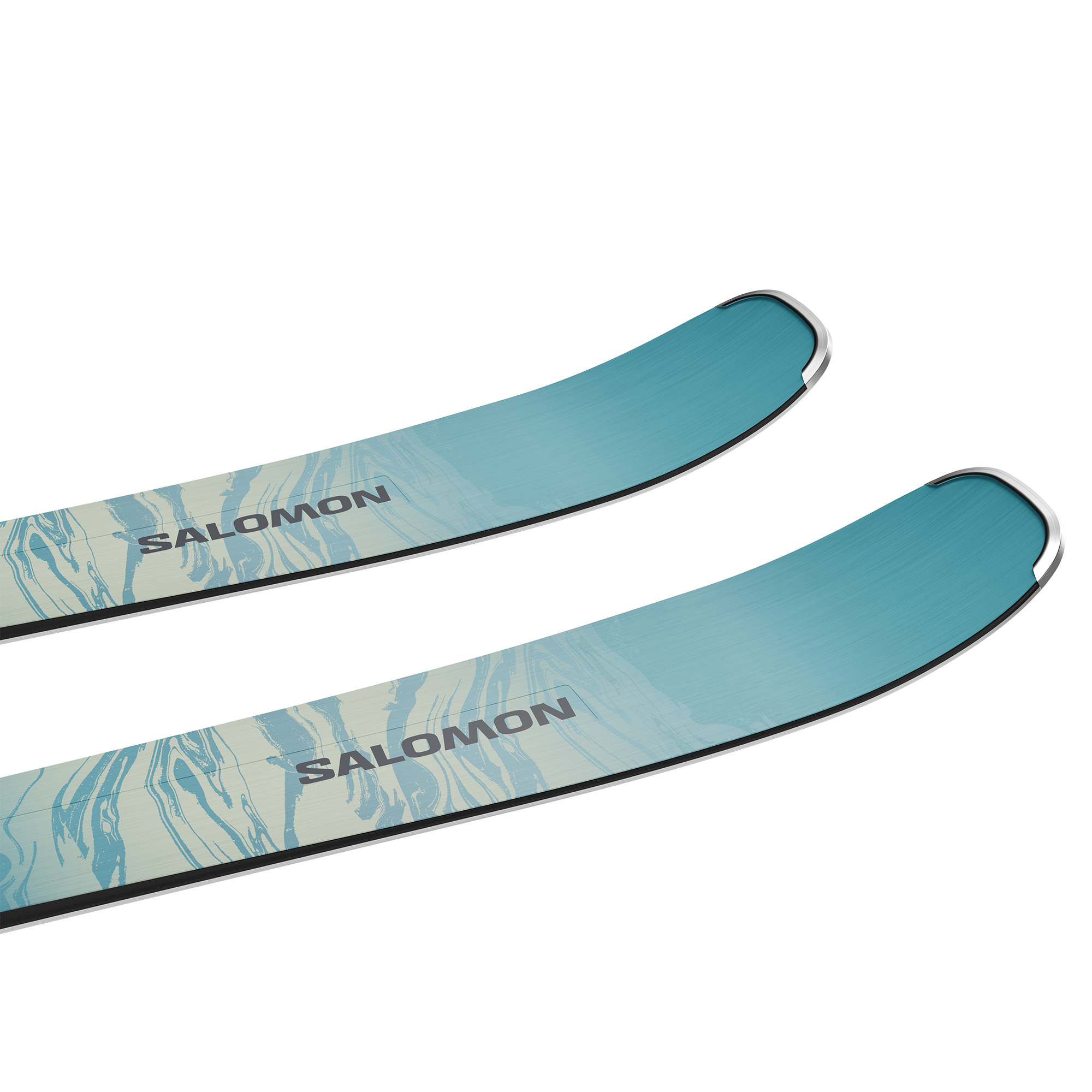 Salomon Women's Stance 80 Skis with M10 Bindings - A pair of skis with a light blue and white marbled pattern on the top, featuring silver bindings at the tips.