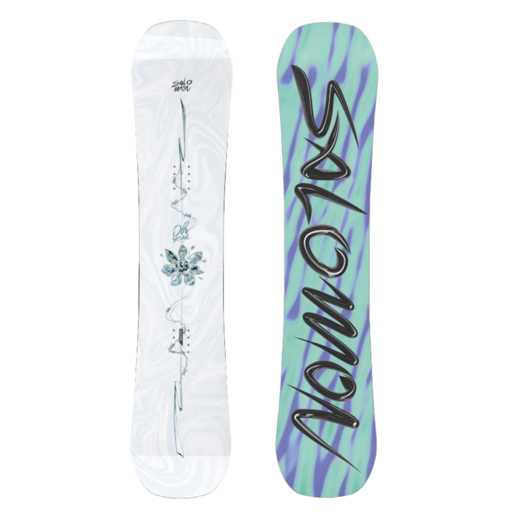 Salomon Oh Yeah Grom Snowboard 2026 - A white snowboard with a blue flower design and black writing on it.
