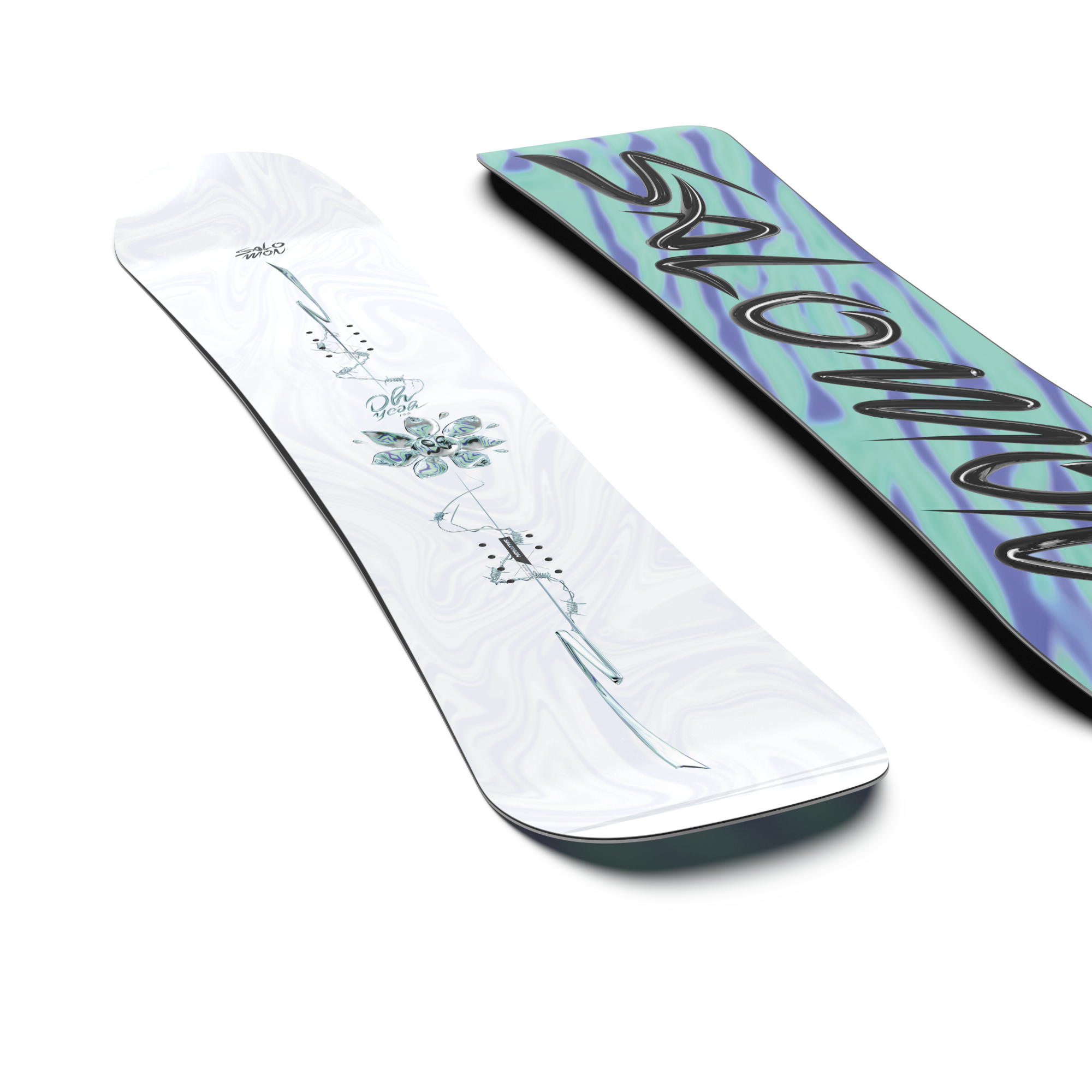 Salomon Oh Yeah Grom Snowboard 2026 - A white snowboard with a blue and green floral design on top of it.