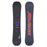 Salomon Sleepwalker Grom Snowboard 2026 - A black snowboard with a blue graphic of a person walking in the woods, featuring a sleeping bear and trees.