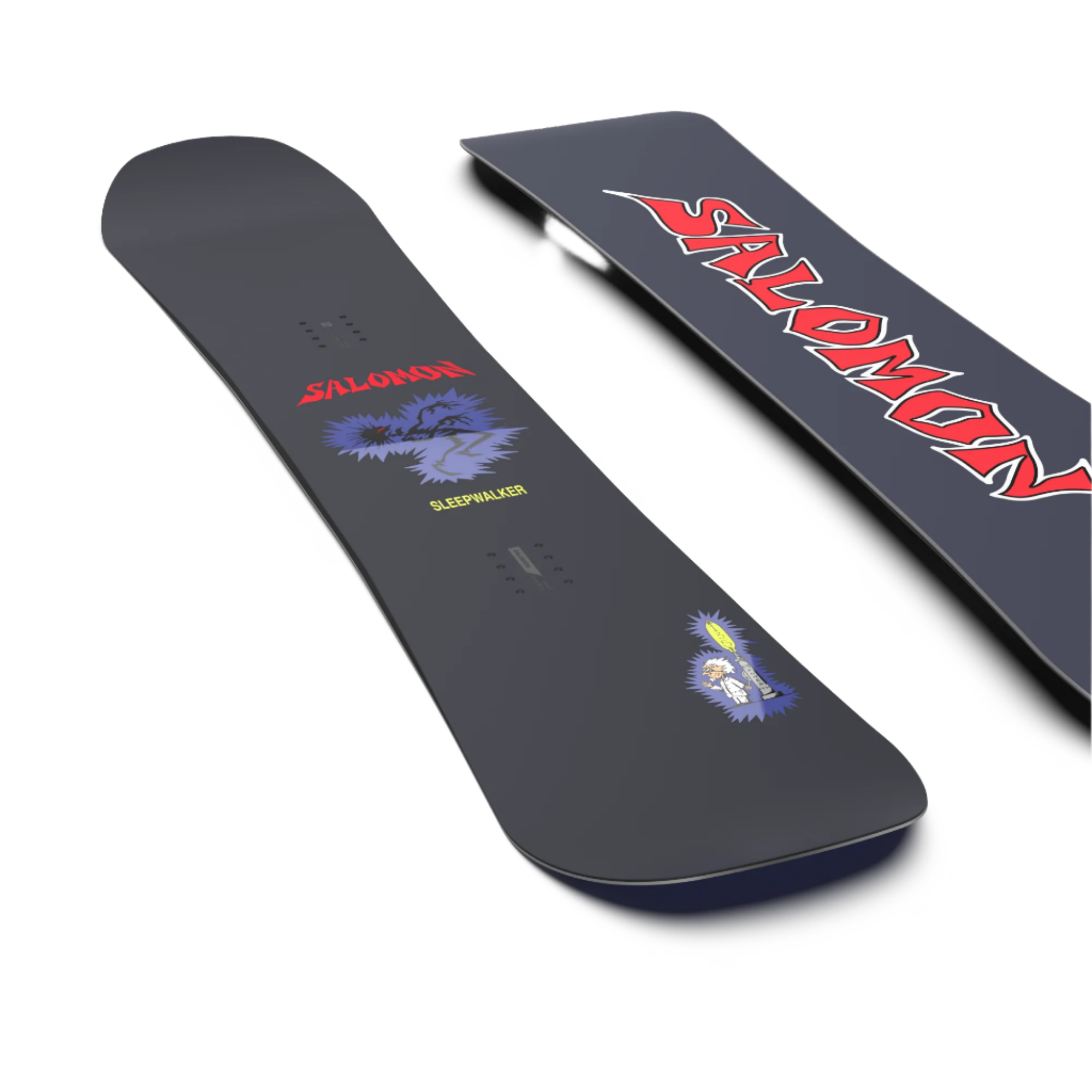 Salomon Sleepwalker Grom Snowboard 2026 - A black snowboard with a purple wolf graphic and red lettering.
