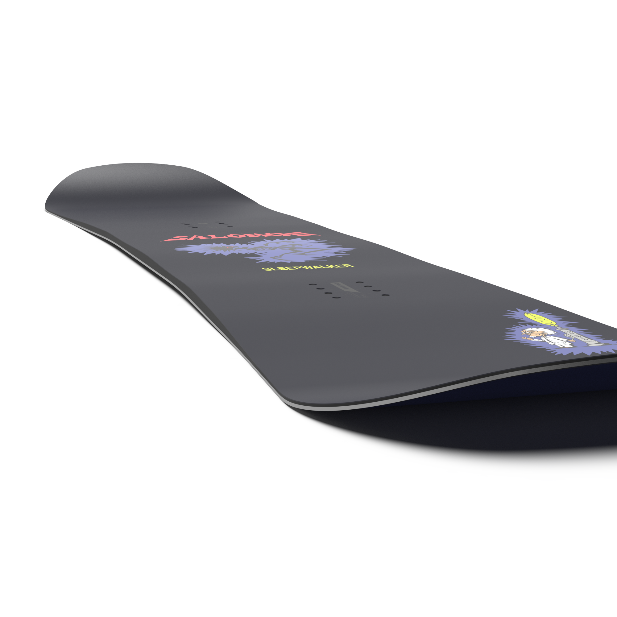 Salomon Sleepwalker Grom Snowboard 2026 - A black snowboard with a purple graphic of a wolf's head and the words "Sleepwalker" in red above it.