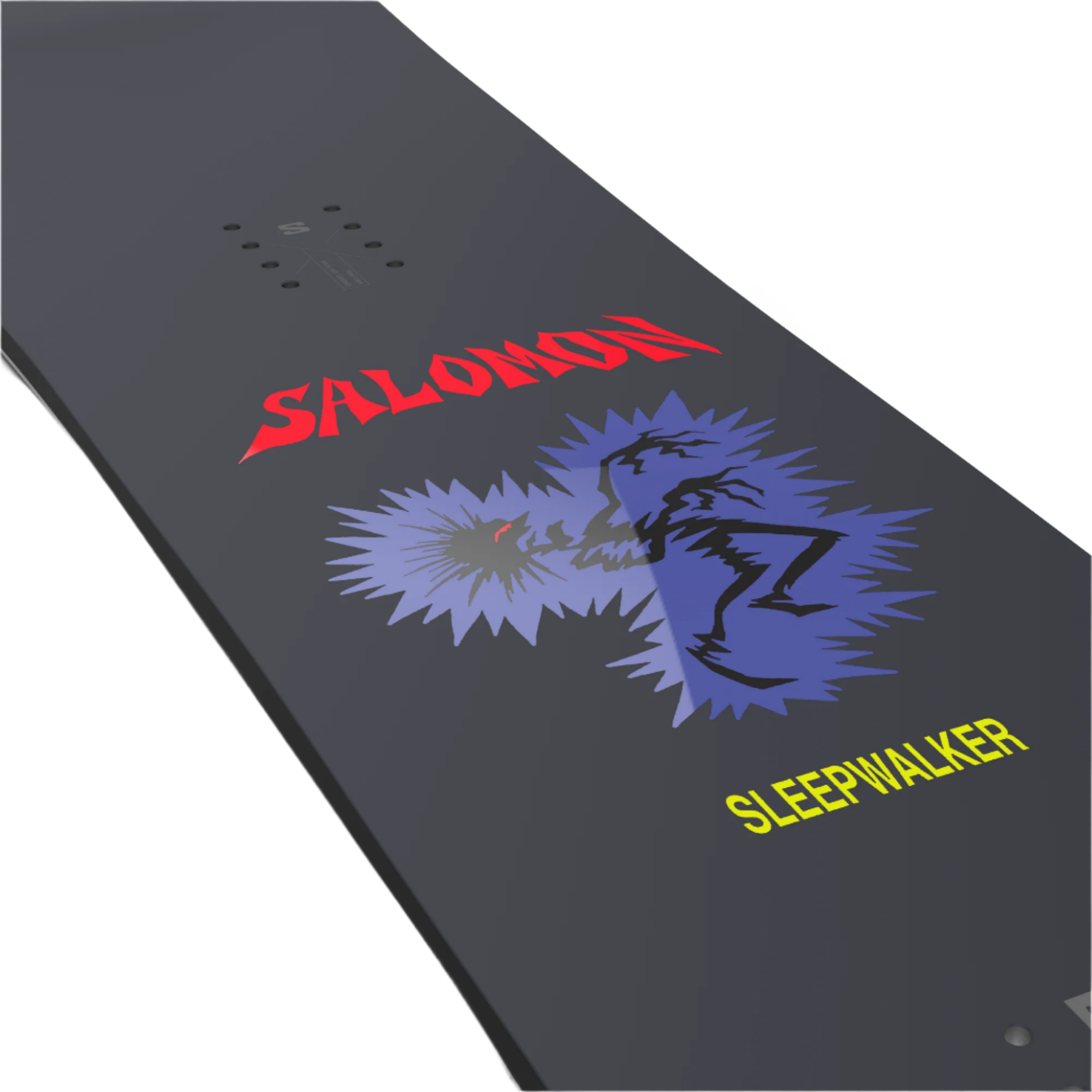 Salomon Sleepwalker Grom Snowboard 2026 - A black snowboard with a blue wolf graphic and red lettering.